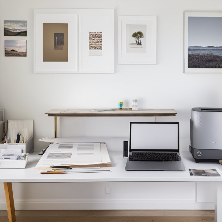 A split-screen image featuring a large, blank white wall on the left and a DIY printing station on the right, with a laptop, printer, and oversized paper roll surrounded by scattered photographs and art supplies.