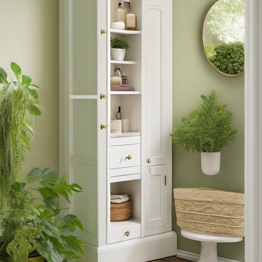 A stylish corner bathroom cabinet in soft white wood, adorned with elegant brass handles. It features open shelves filled with lush green plants, neatly arranged towels, and decorative jars, all set against a soothing pastel wall.