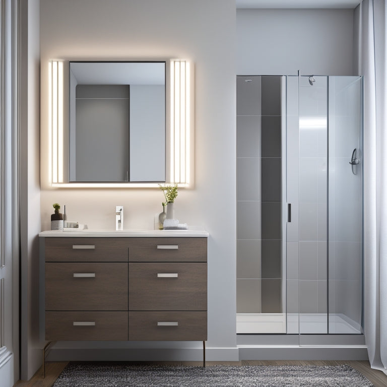 A modern bathroom with sleek, wall-mounted cabinets in a combination of mirrored and matte finishes, accompanied by a freestanding vanity with soft-close drawers and a decorative LED-lit mirror.
