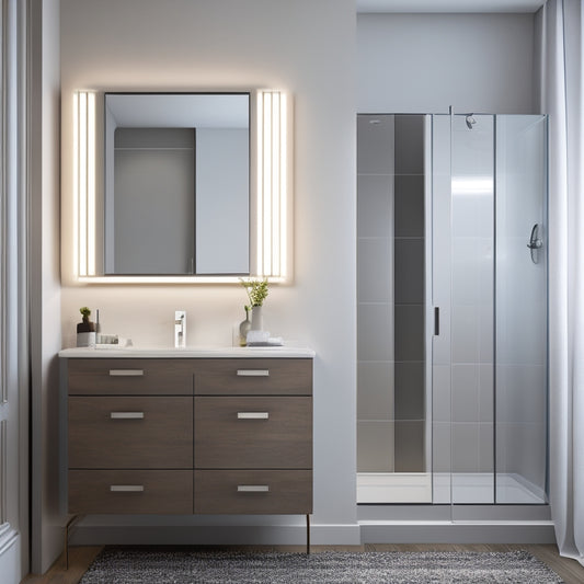 A modern bathroom with sleek, wall-mounted cabinets in a combination of mirrored and matte finishes, accompanied by a freestanding vanity with soft-close drawers and a decorative LED-lit mirror.