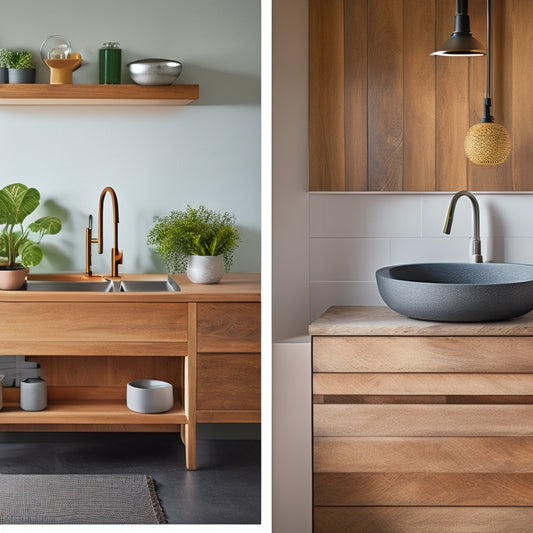 A modern kitchen with three different sink stands: a wooden pedestal with a farmhouse sink, a metal console with a wall-mounted sink, and a minimalist vanity with a vessel sink.