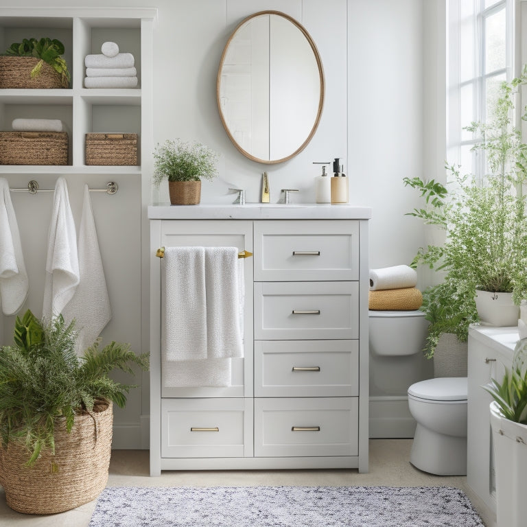 A serene, well-lit bathroom with a tall, white cabinet, baskets, and woven storage bins, showcasing Inga's expert organization skills, with a few decorative plants and a minimalist aesthetic.