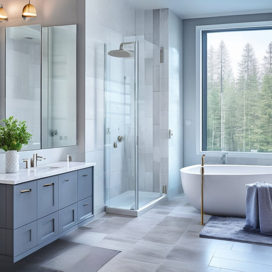 Generate an image of a sleek, contemporary bathroom featuring a wall-mounted sink, rainfall showerhead, heated floors, and a floor-to-ceiling glass enclosure, surrounded by calming gray and white marble accents.