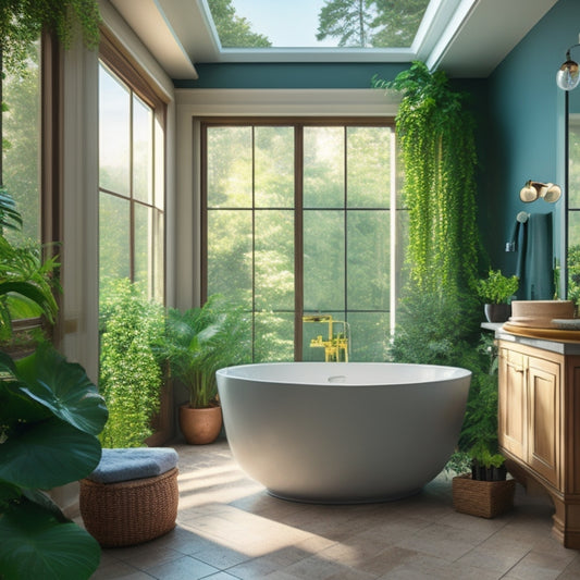 A serene bathroom scene with a freestanding tub, surrounded by lush greenery, under a skylight, featuring a mix of matte and glossy finishes, and a statement light fixture above the tub.