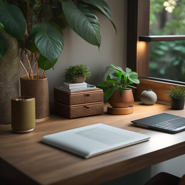 A warmly lit, minimalist workspace featuring Hannun's wooden desk organizer, crafted from rich, dark wood, with curved lines, holding a neatly arranged laptop, notebook, and pens, surrounded by lush greenery.