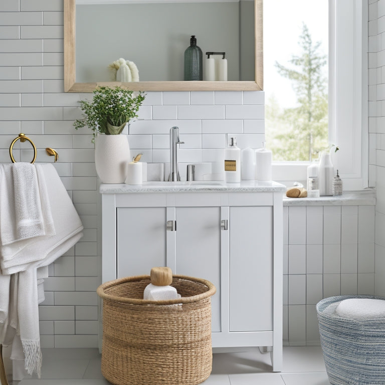 A serene bathroom with a wall-mounted, sleek, white cabinet above a minimalist sink, accompanied by a woven basket on a nearby stool and a few decorative bottles on a recessed shelf.