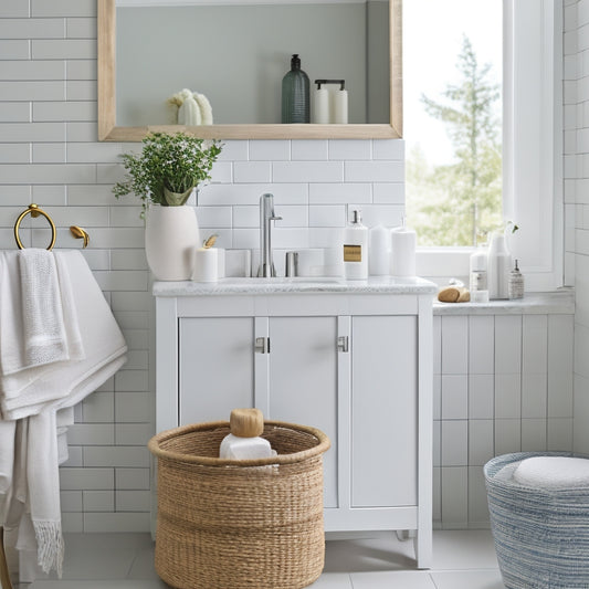 A serene bathroom with a wall-mounted, sleek, white cabinet above a minimalist sink, accompanied by a woven basket on a nearby stool and a few decorative bottles on a recessed shelf.
