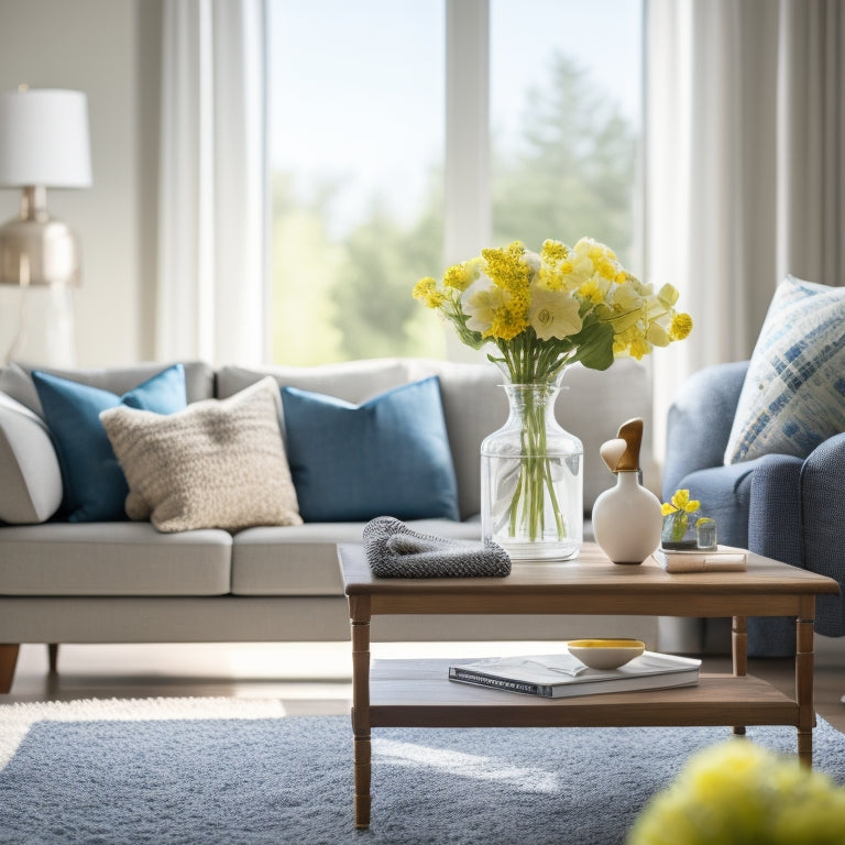 A bright, airy living room with a few strategically placed cleaning supplies, a vase with fresh flowers, and a single, perfectly fluffed pillow on a tidy couch, surrounded by faint dusting streaks on the furniture.