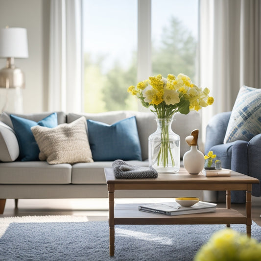 A bright, airy living room with a few strategically placed cleaning supplies, a vase with fresh flowers, and a single, perfectly fluffed pillow on a tidy couch, surrounded by faint dusting streaks on the furniture.