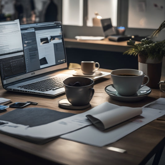 A cluttered office desk with a laptop-shaped empty space, surrounded by scattered papers and a broken coffee cup, in the background a blurred figure storming out of the room.