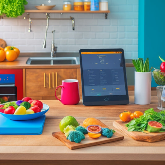 A colorful, modern kitchen island with a wooden cutting board, a few fresh vegetables, and a sleek tablet displaying a meal planning app, surrounded by stylish cookbooks and a cup of steaming coffee.