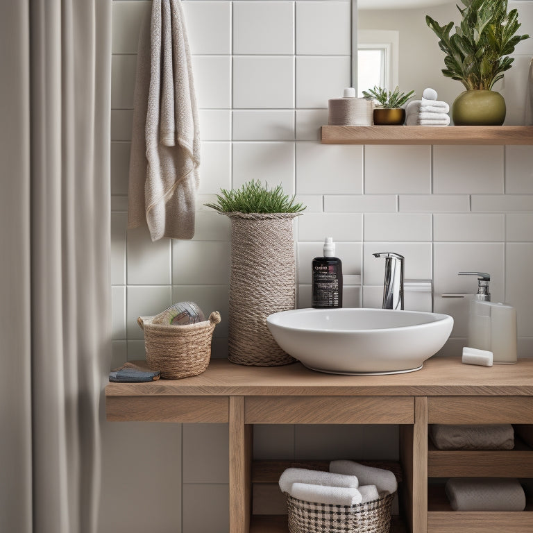 A bathroom with a modern sink and faucet, featuring a wall-mounted open shelf with three woven baskets, holding toilet paper, towels, and skincare products, against a soft gray background.