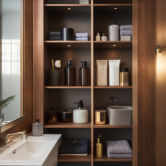 A sleek, modern bathroom cabinet with adjustable shelves, baskets, and dividers, showcasing organized toiletries, towels, and skincare products, with a soft, warm lighting effect.