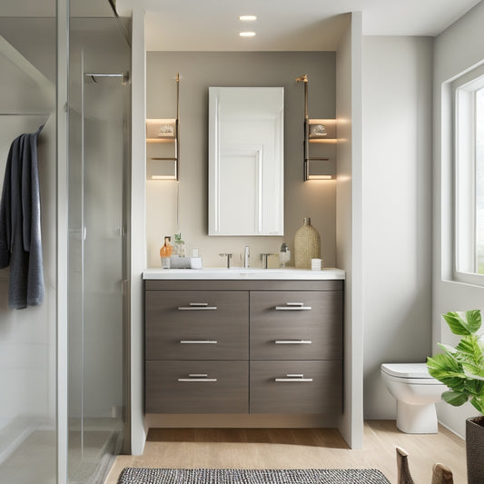 A sleek, modern bathroom with a wall-mounted cabinet featuring a slim, mirrored door, and a matching floor-to-ceiling storage unit with narrow, pull-out drawers and a chrome handle.