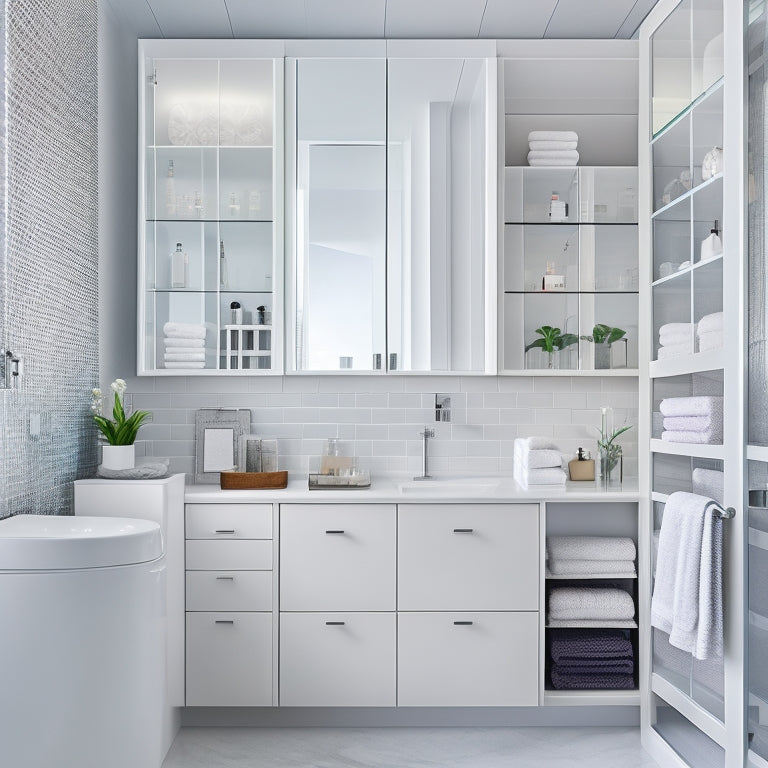 A modern bathroom with a 3D organizer system installed, featuring sleek silver shelves, transparent storage bins, and a floor-to-ceiling cabinet with sliding glass doors, surrounded by gleaming white tiles.