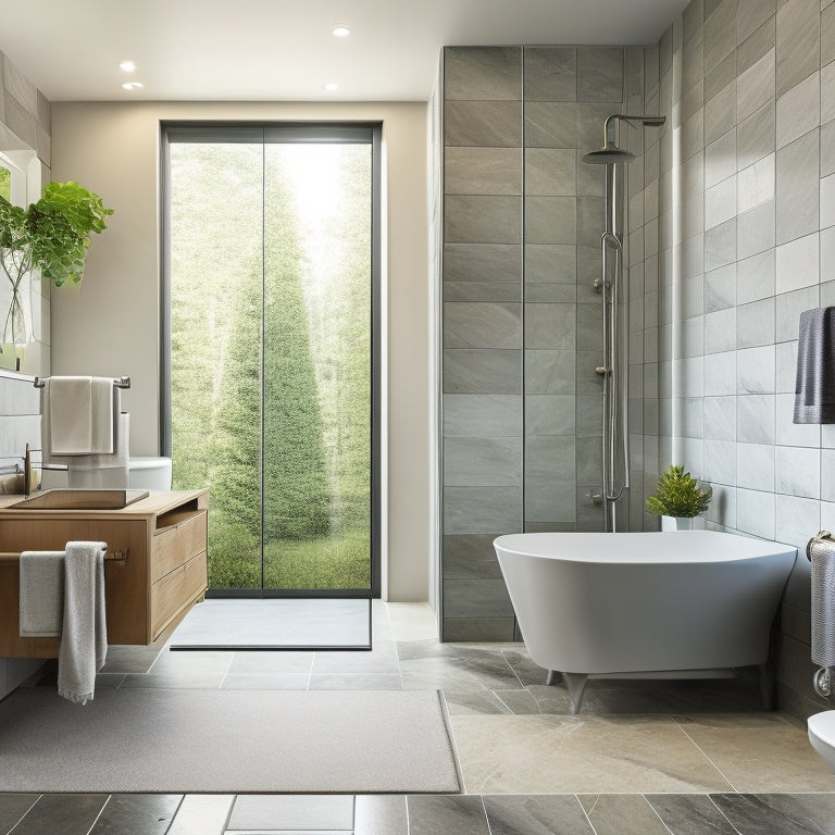 A serene bathroom scene with a freestanding tub, surrounded by large-format grey tiles, a wall-mounted sink, and a spacious walk-in shower with a rainfall showerhead and a floor-to-ceiling glass enclosure.