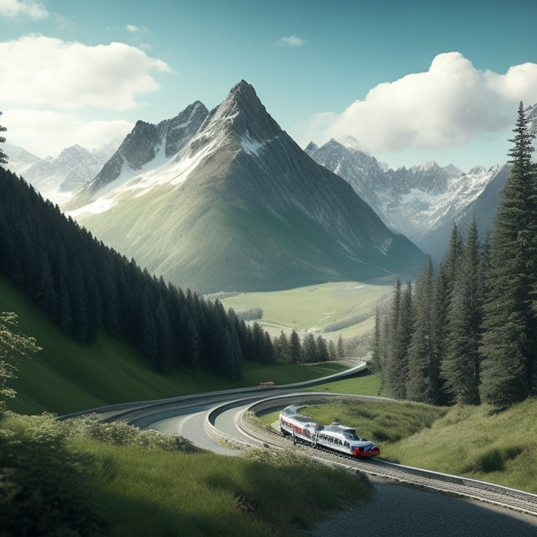 A serene mountainous landscape with a winding alpine coaster track, sleek silver cars zooming down the hills, surrounded by lush green trees, and snow-capped peaks in the background.