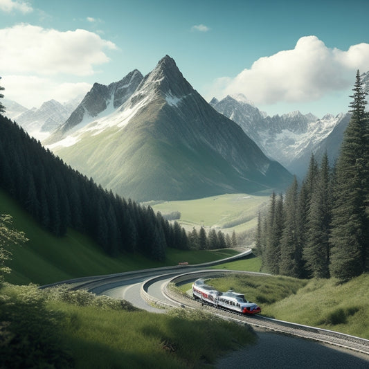 A serene mountainous landscape with a winding alpine coaster track, sleek silver cars zooming down the hills, surrounded by lush green trees, and snow-capped peaks in the background.