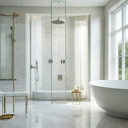 A serene bathroom scene featuring a sleek, white freestanding tub with chrome fixtures, surrounded by marble floors, minimalist decor, and a floor-to-ceiling glass shower enclosure with rainfall showerhead.