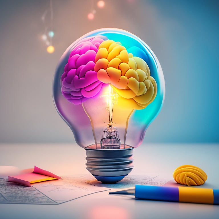 A vibrant, abstract illustration featuring a brain surrounded by swirling clouds of colorful sticky notes, interconnected lines, and radiant light bulbs, symbolizing creative idea generation and concept mapping.