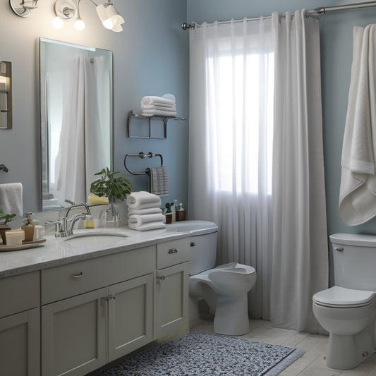 A tidy bathroom with a large mirror, a few decorative towels, and a minimalist shower curtain, featuring a variety of wall-mounted organizers, including a towel rack, soap dispenser, and storage shelves.