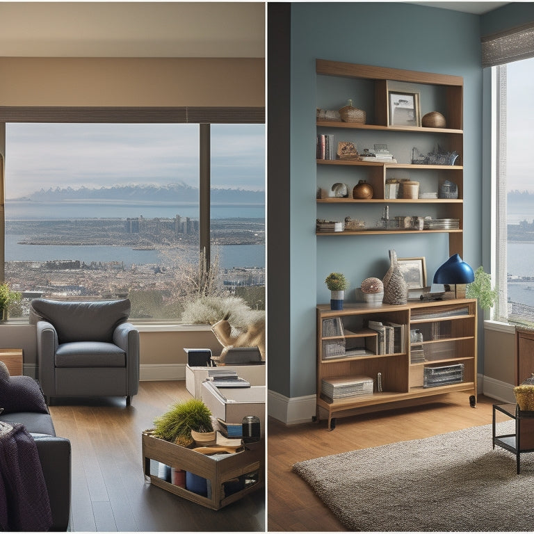 A split-screen image: a cluttered Seattle living room with boxes and furniture scattered, contrasted with a tidy room featuring custom shelving and organized storage solutions, with the Seattle cityscape visible through the window.