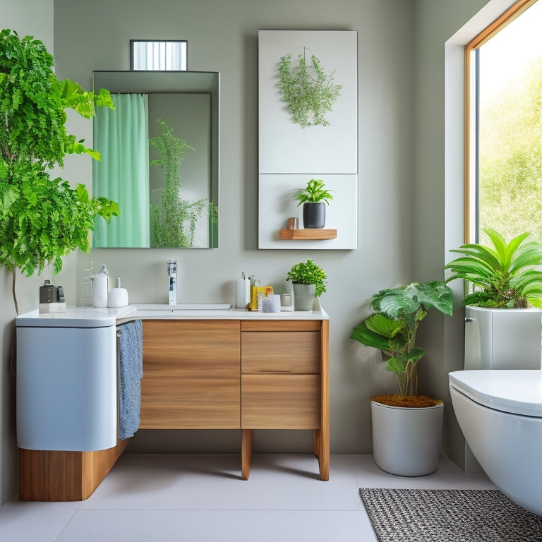 A modern, sleek bathroom with a wall-mounted sink and toilet, surrounded by minimalist decor, showcasing a compact, space-saving design with a large mirror and a small potted plant on the countertop.