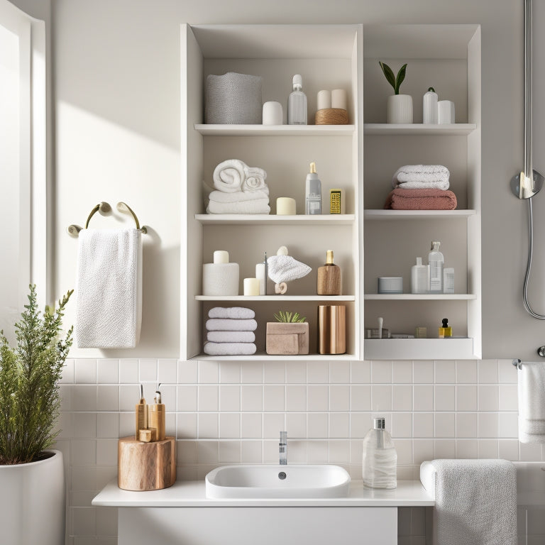 A modern bathroom with three wall-mounted shelves in different shapes and sizes, holding toiletries, towels, and decorative items, against a clean white background with subtle natural light.