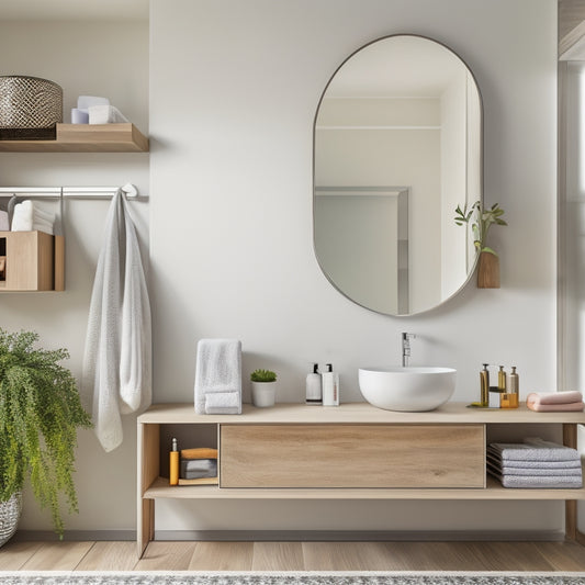 A minimalist bathroom with white walls, gray flooring, and a large mirror above a sleek sink, featuring three floating shelves in a rustic wood tone, holding toiletries and decorative objects.