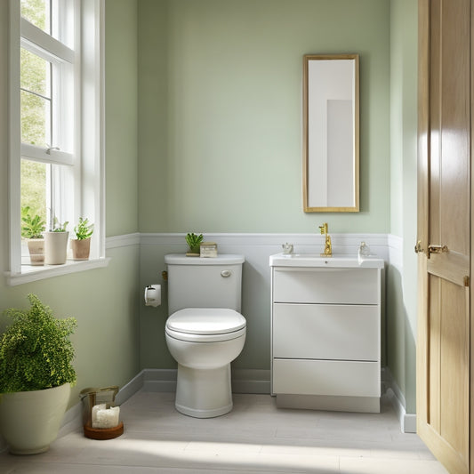 A serene, minimalist small bathroom with a wall-mounted cabinet, a pedestal sink, and a compact toilet, surrounded by soft, natural light and a calming color palette.