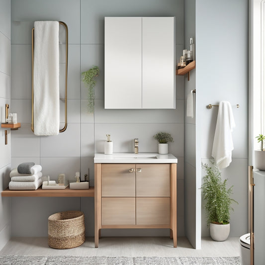 A serene, modern bathroom with a sleek, wall-mounted cabinet above a porcelain sink, featuring open shelving, closed drawers, and a towel rack, surrounded by minimal decor and a calming color palette.