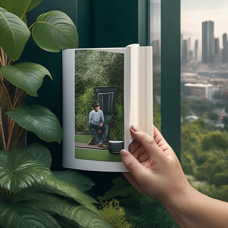 An illustration of a person holding a green-covered handbook standing in front of a modern, eco-friendly toilet surrounded by lush greenery and a faint outline of a cityscape in the background.