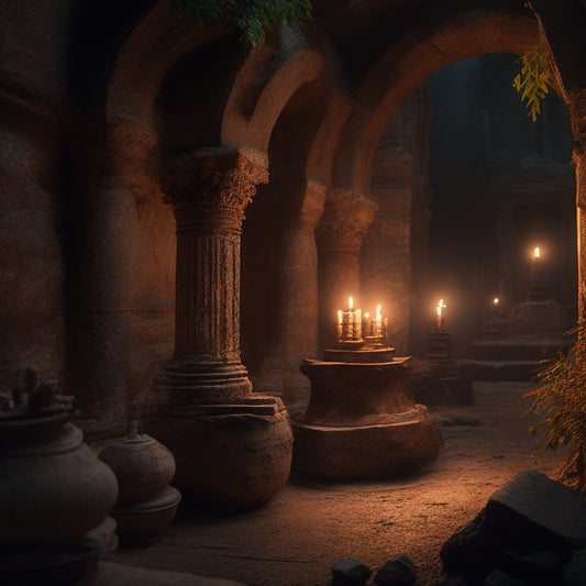 A dimly lit, ancient temple with crumbling stone walls and vines snaking through the cracks, surrounded by scattered scrolls, dusty artifacts, and a lone, flickering torch.