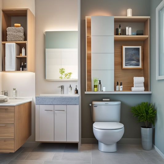 A modern bathroom with sleek wall-mounted shelves, neatly organized toiletries, a compact vanity with pull-out drawers, and a stylish over-the-toilet storage unit, all set against calming neutral tones and ambient lighting.