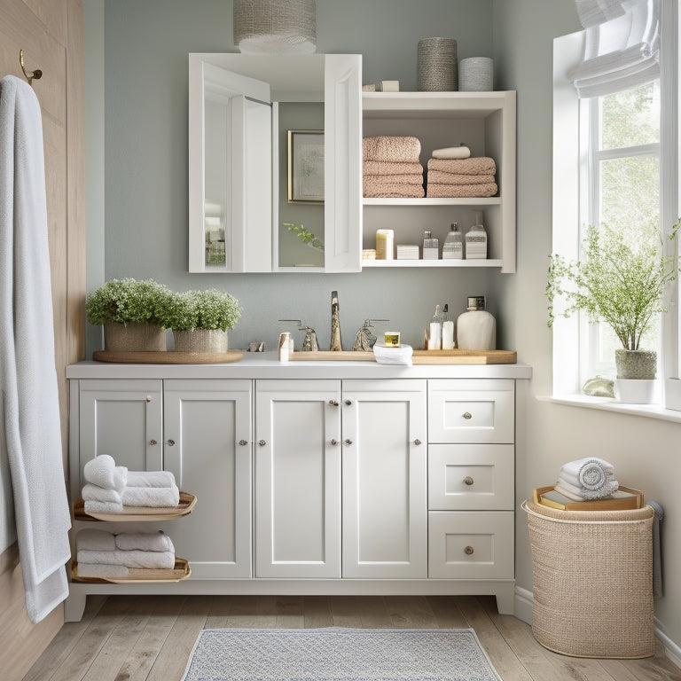 A serene bathroom with a wall-mounted cabinet featuring pull-out shelves, baskets, and adjustable dividers, showcasing a clutter-free space with neatly arranged toiletries and towels in a soft, natural light setting.