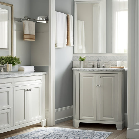 A tidy bathroom with a freestanding cabinet featuring three soft-close drawers in a satin nickel finish, surrounded by fluffy towels, a decorative vase, and a few rolled up bath mats.