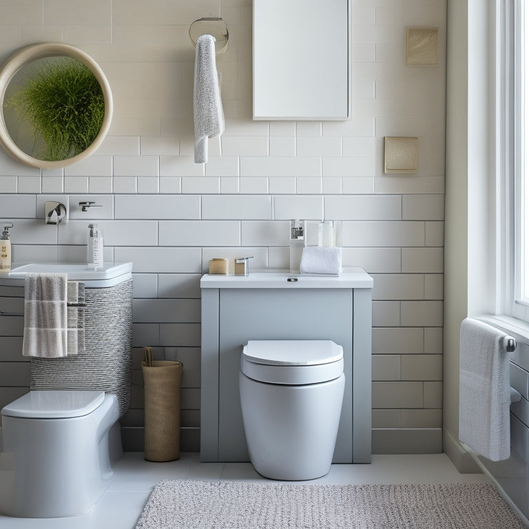 A tidy, modern bathroom with a pedestal sink, featuring a sleek, curved slide-out drawer underneath, holding a woven basket, toilet brush, and extra toilet paper rolls, amidst a calming, light-gray background.