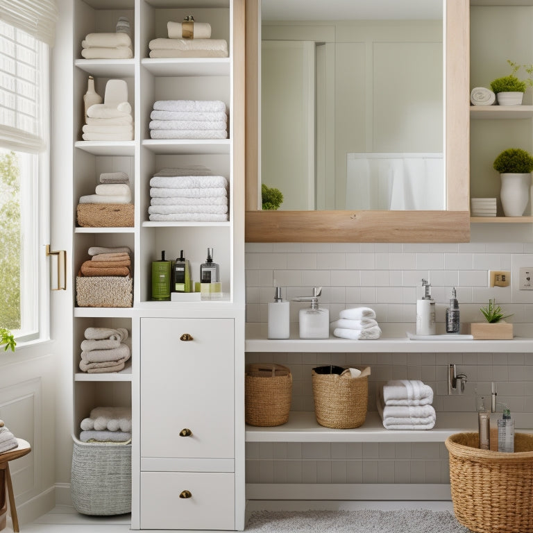 A tidy bathroom with a large, wall-mounted cabinet featuring multiple shelves, baskets, and dividers, showcasing organized toiletries, towels, and personal care items in a warm, natural light setting.