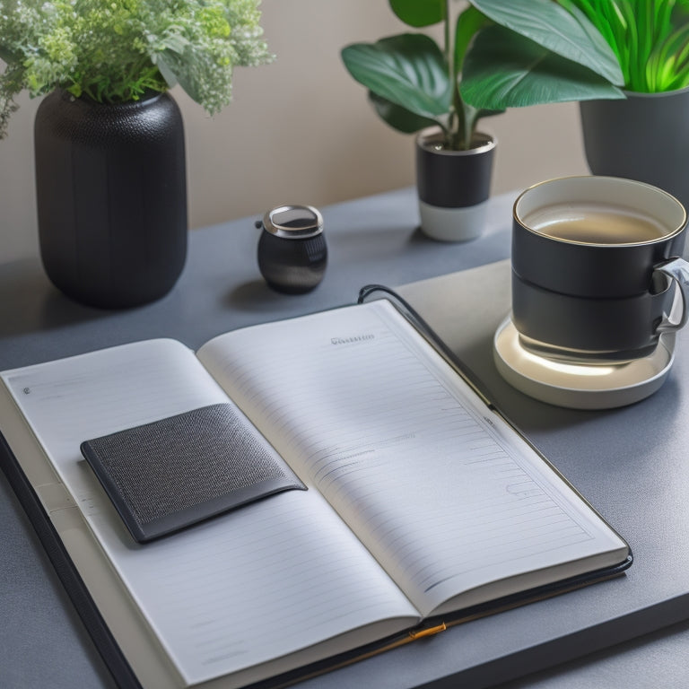 A serene, minimalist workspace with a sleek, black leather-bound planner lying open, surrounded by colorful pens, a cup of steaming coffee, and a vase with fresh greenery, set against a soft, creamy background.