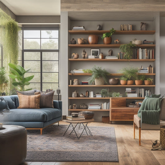A modern living room with a floor-to-ceiling, asymmetrical custom bookshelf in reclaimed wood, filled with books, decorative objects, and a few potted plants, set against a light-gray wall.