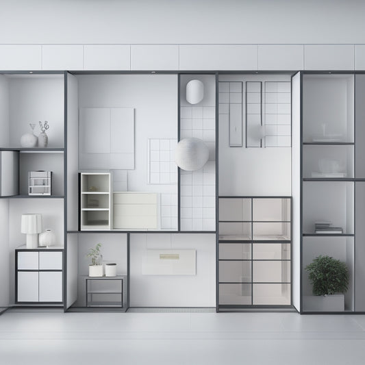 A minimalist interior scene featuring a floor plan with various glass door cabinet layouts, showcasing different shapes, sizes, and configurations, set against a light gray background with subtle gridlines.