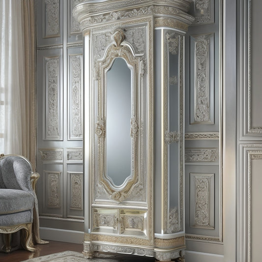 A luxurious, floor-to-ceiling cabinet with a large, ornate, silver-framed mirror as its door, adorned with intricate, swirling patterns, set against a neutral-colored background with soft, warm lighting.
