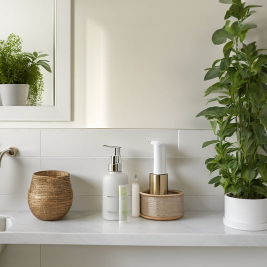 A serene, minimalist bathroom with a few strategically placed storage baskets, a wall-mounted shelf, and a tidy arrangement of toiletries on a sleek, marble countertop, surrounded by calming greenery.