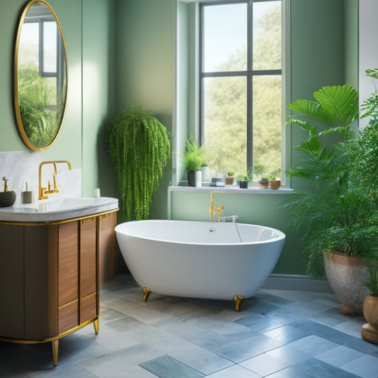 An elegant, modern bathroom with a freestanding tub, surrounded by marble floors and walls, under a large skylight, with a minimalist vanity and a lush green plant in the corner.