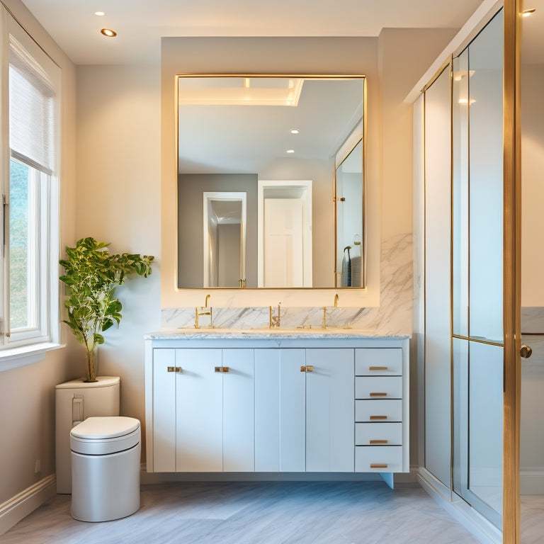A sleek, modern bathroom with a large, wall-mounted tri-view medicine cabinet featuring three mirrored doors, soft-close hinges, and LED lighting, surrounded by marble countertops and a freestanding tub.