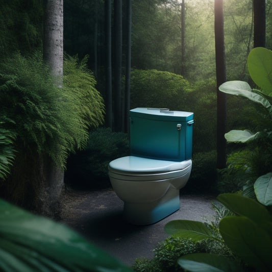 A modern, sleek toilet with a subtle green hue, surrounded by lush greenery and water droplets, with a faint blue glow emanating from the bowl, set against a soft, natural background.