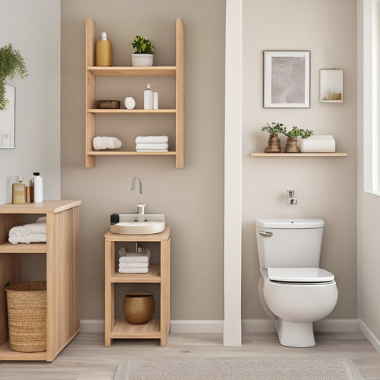 A serene, minimalist small bathroom with a soft gray wall, white porcelain sink, and a wooden DIY shelving unit above the toilet, featuring three floating shelves in a honey-brown finish.