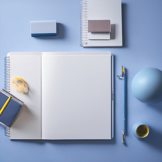 A serene, minimalist workspace with a half-opened planner, colorful pens, and a few scattered paper clips, set against a calming blue-gray background with subtle desk texture.