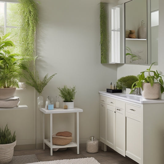 A well-lit, modern bathroom with cream-colored walls and sleek, gray floors, featuring open shelves above the sink, holding neatly arranged toiletries, towels, and decorative vases, amidst lush greenery.