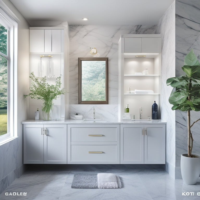 A modern bathroom with a large, wall-mounted Kohler medicine cabinet featuring soft-close doors, ambient lighting, and a sleek, polished chrome finish, surrounded by elegant marble countertops and a crisp white background.